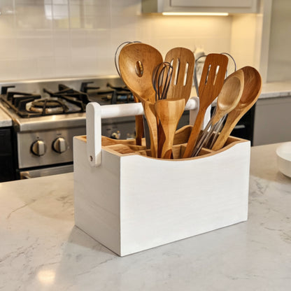 White & Bamboo Wooden Cutlery Caddy with Handle