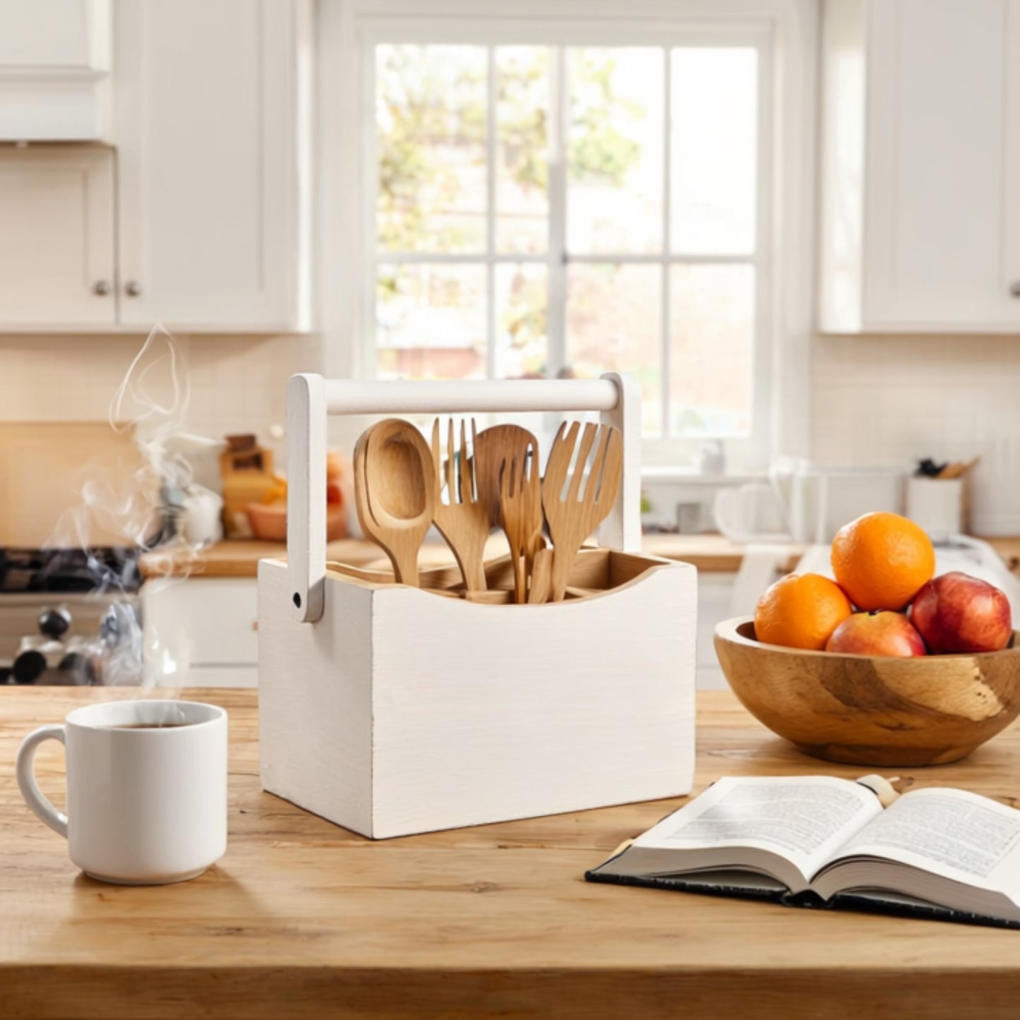White & Bamboo Wooden Cutlery Caddy with Handle