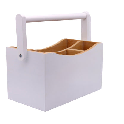 White & Bamboo Wooden Cutlery Caddy with Handle