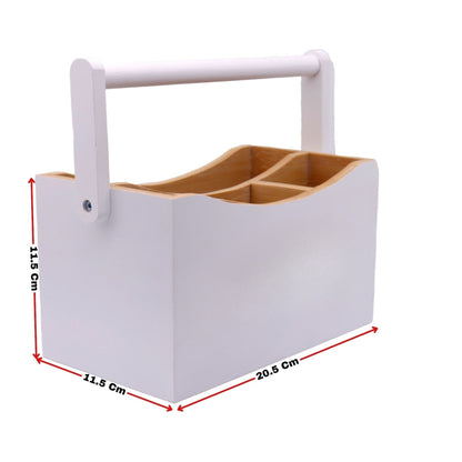 White & Bamboo Wooden Cutlery Caddy with Handle