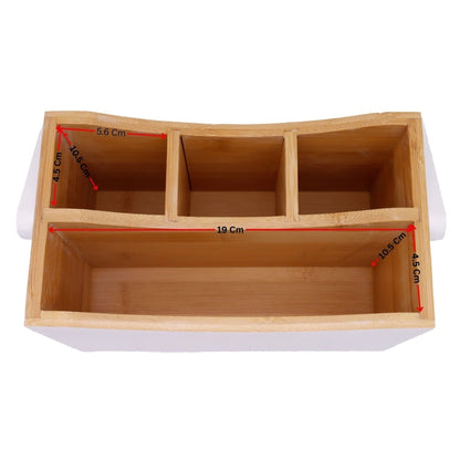 White & Bamboo Wooden Cutlery Caddy with Handle