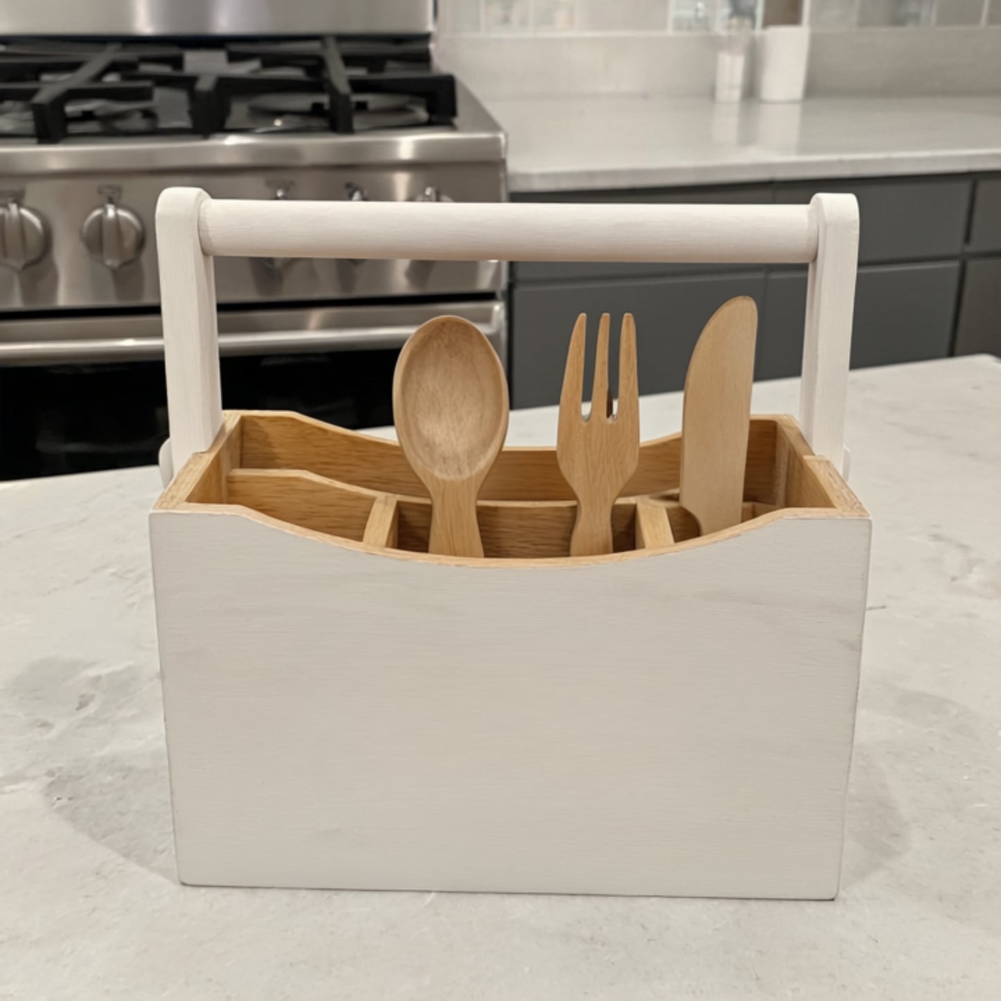 White & Bamboo Wooden Cutlery Caddy with Handle