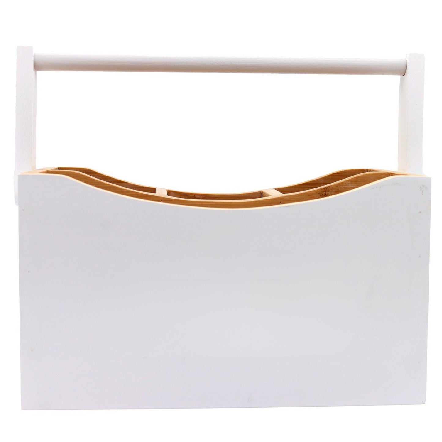 White & Bamboo Wooden Cutlery Caddy with Handle
