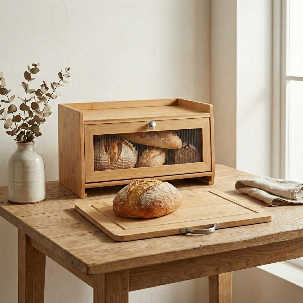 Bamboo Bread Bin Box with Chopping Board Fluted Panel