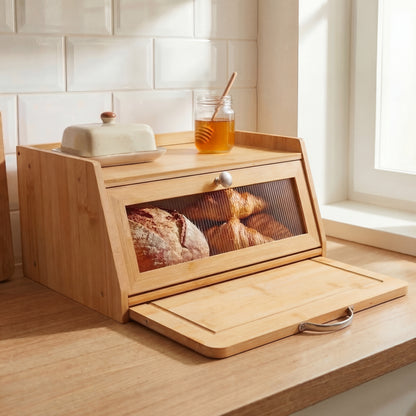 Bamboo Bread Bin Box with Chopping Board Fluted Panel