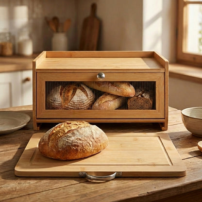 Bamboo Bread Bin Box with Chopping Board Fluted Panel