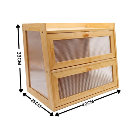Large 2-Tier Bamboo Bread Bin with Fluted Windows