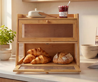 Large 2-Tier Bamboo Bread Bin with Fluted Windows