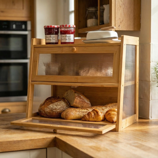 Wooden bread bin with loaves of bread on a kitchen counter