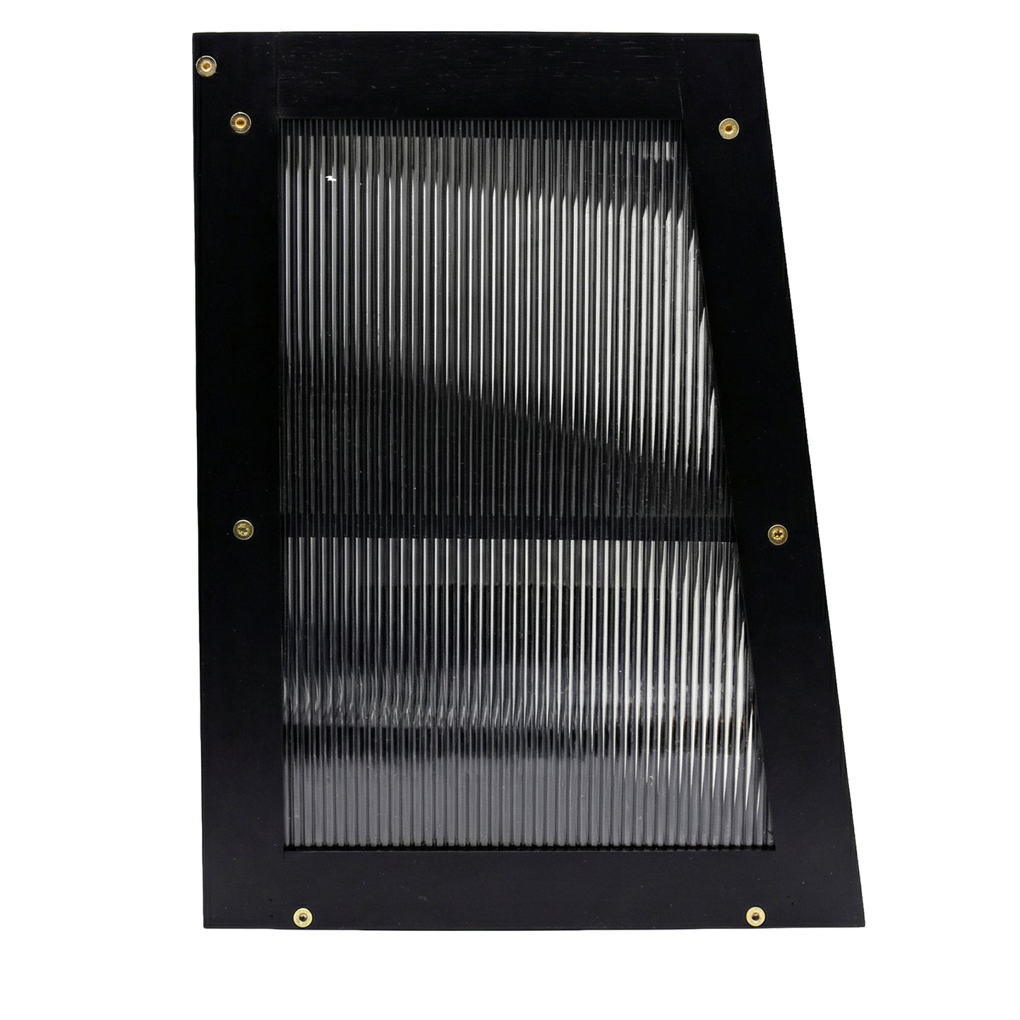 Black metal grille with vertical slats on a white background
