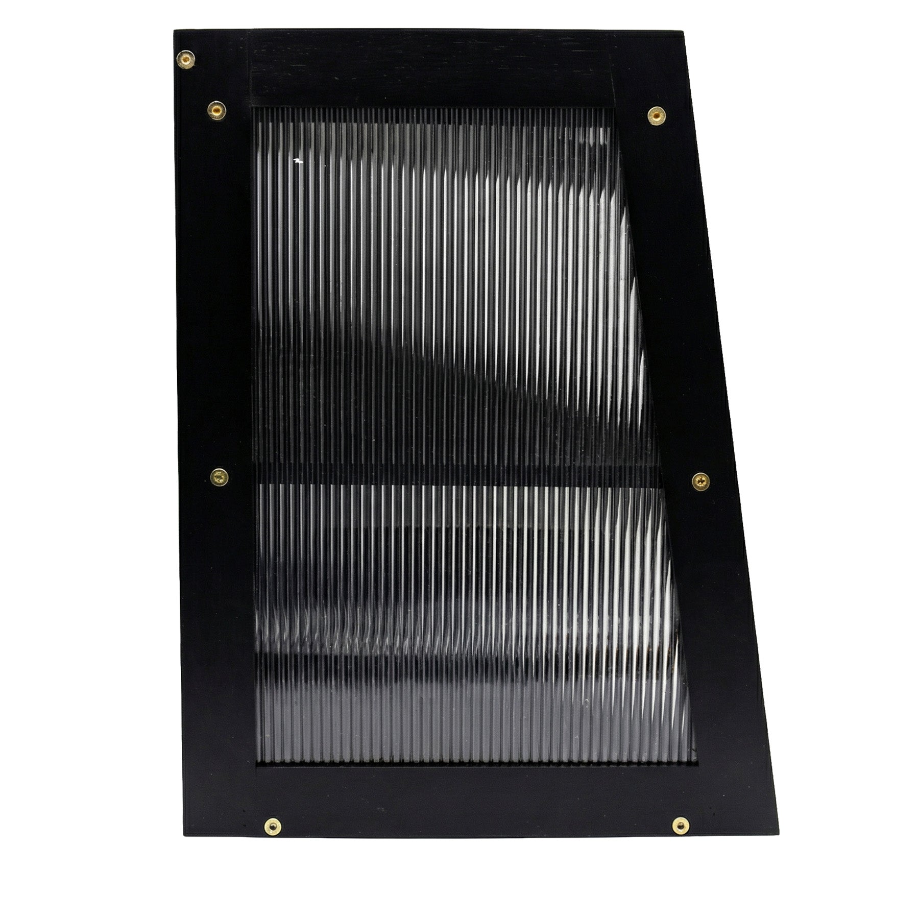 Black metal grille with vertical slats on a white background