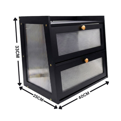 Black metal cabinet with dimensions indicated on a white background