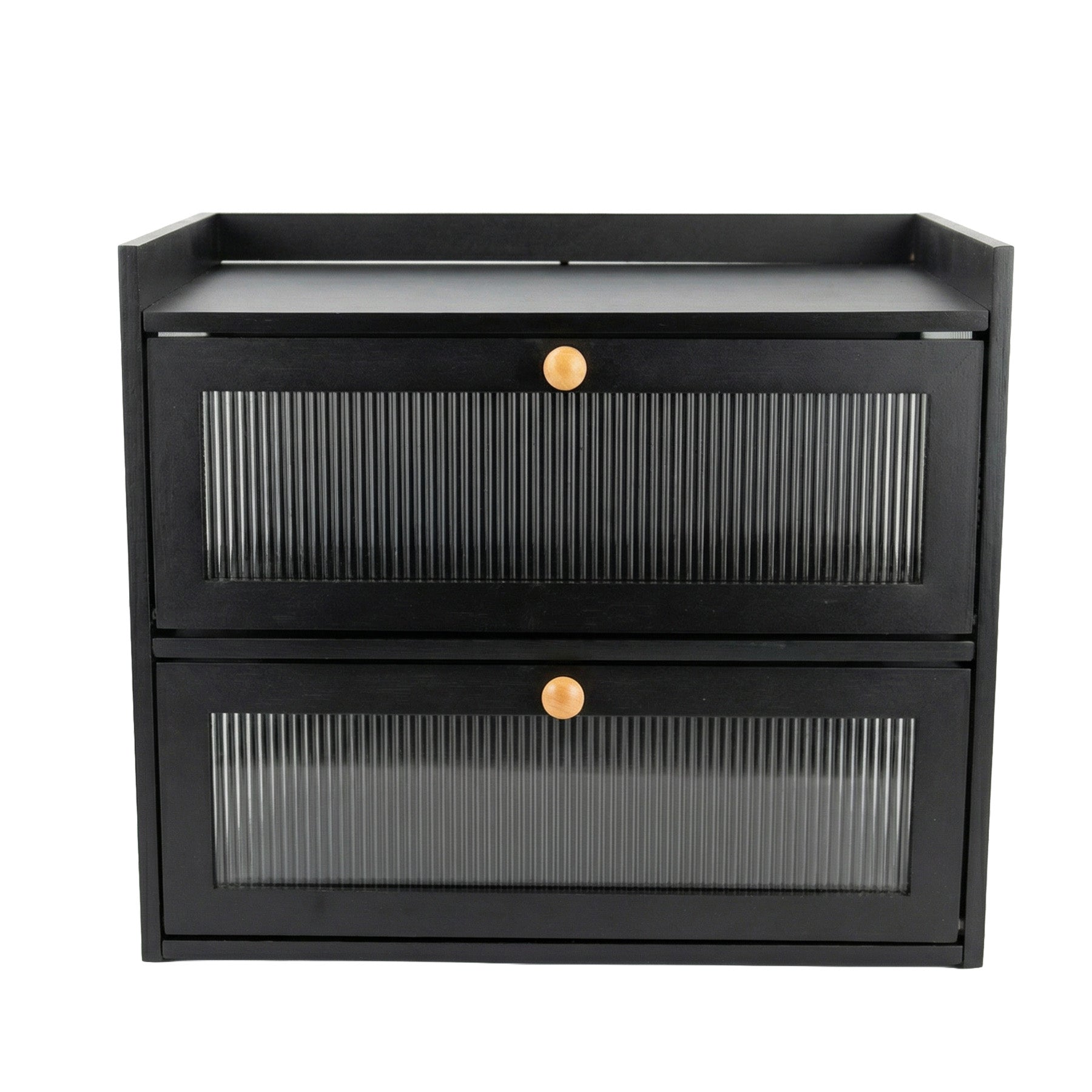 Black metal storage cabinet with two drawers on a white background