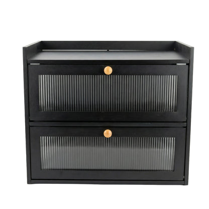Black metal storage cabinet with two drawers on a white background