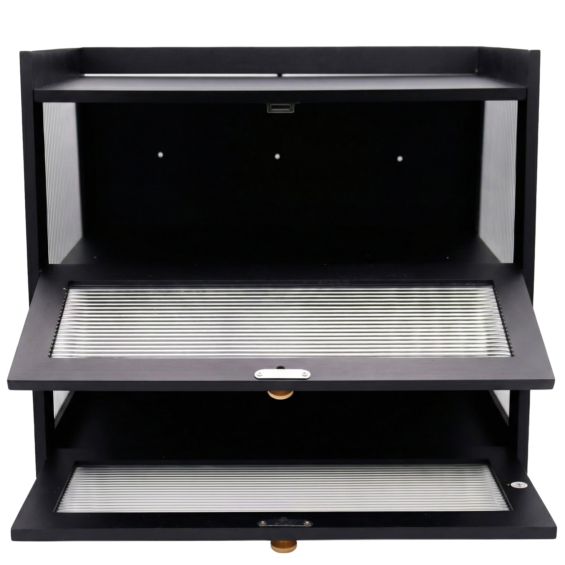 Black metal shelf with two adjustable shelves on a white background