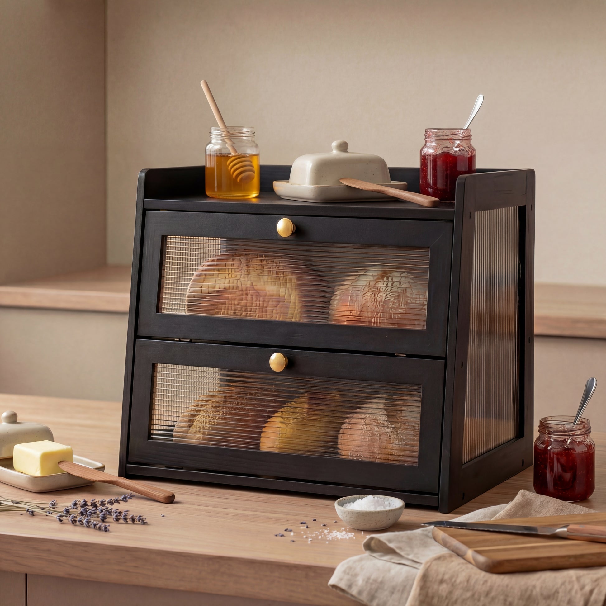Black bread bin with glass doors displaying loaves of bread on a wooden table with jars and utensils.