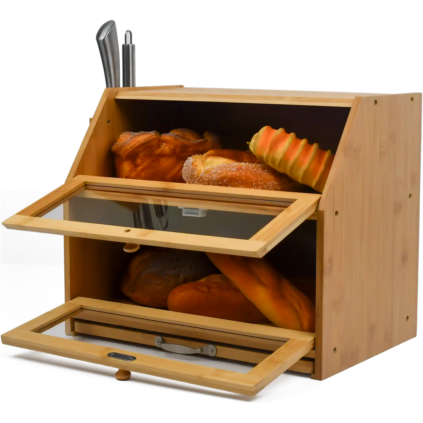 Large 2-Compartment Bamboo Bread Bin with Sliding Chopping Board