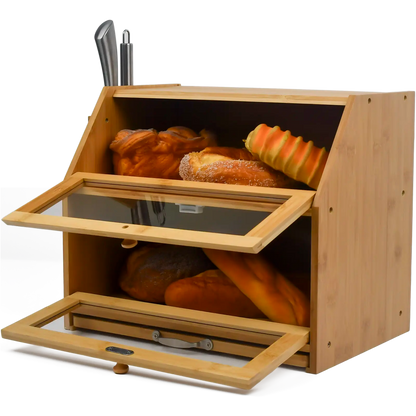 Large 2-Compartment Bamboo Bread Bin with Sliding Chopping Board