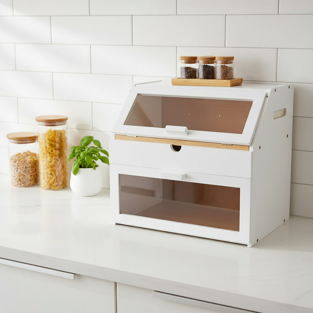 White 3 Compartment Bamboo Bread Bin