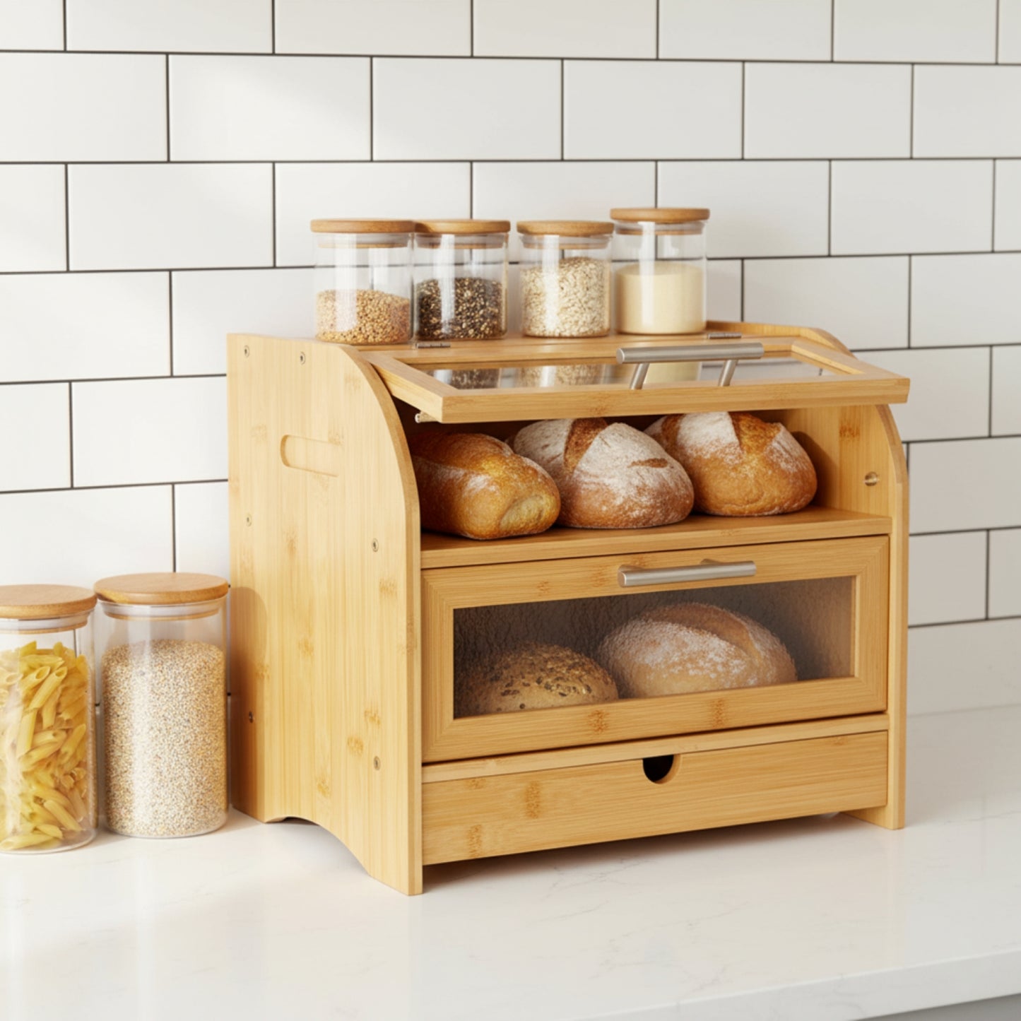 Wooden bread box with glass top containing loaves of bread, surrounded by jars on a kitchen counter.