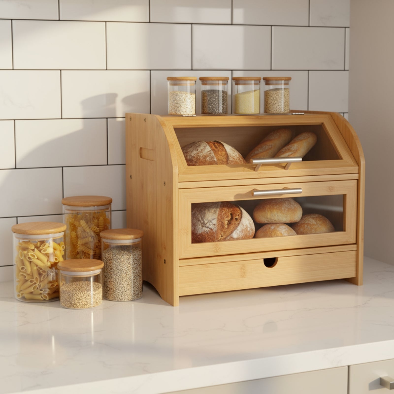 Wooden bread box with loaves of bread on a kitchen counter, surrounded by jars.