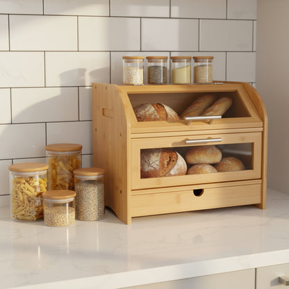 Wooden bread box with loaves of bread on a kitchen counter, surrounded by jars.