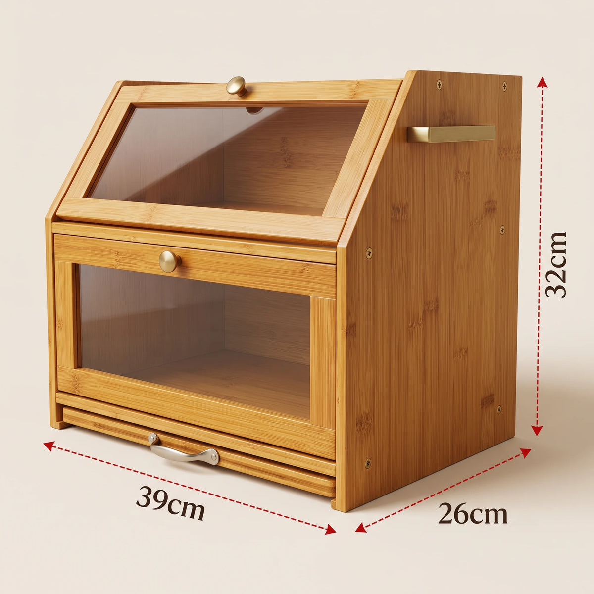 A bamboo storage organizer with a slanted top glass door, a lower glass-front drawer, and a small front pull handle, shown with red dimension arrows and labels indicating 32cm height, 39cm width, and 26cm depth on a light beige background.