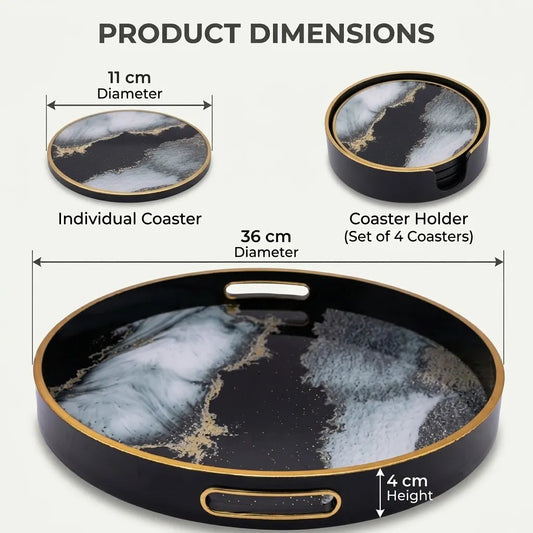 Product dimensions diagram for a round black coaster holder set with gold trim and a marbled coaster design. The image shows the individual coaster size as 11 cm diameter, the holder set as 36 cm diameter, and the height as 4 cm, on a light gray background.