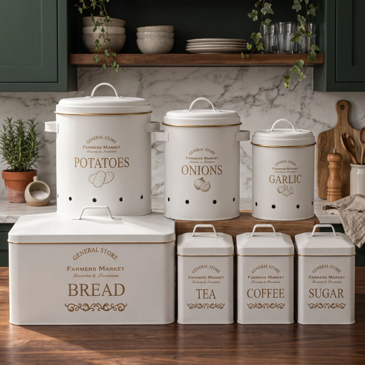A set of white metal canisters and boxes with gold lettering, arranged on a kitchen counter. The set includes labels for Potatoes, Onions, Garlic, Bread, Tea, Coffee, and Sugar.