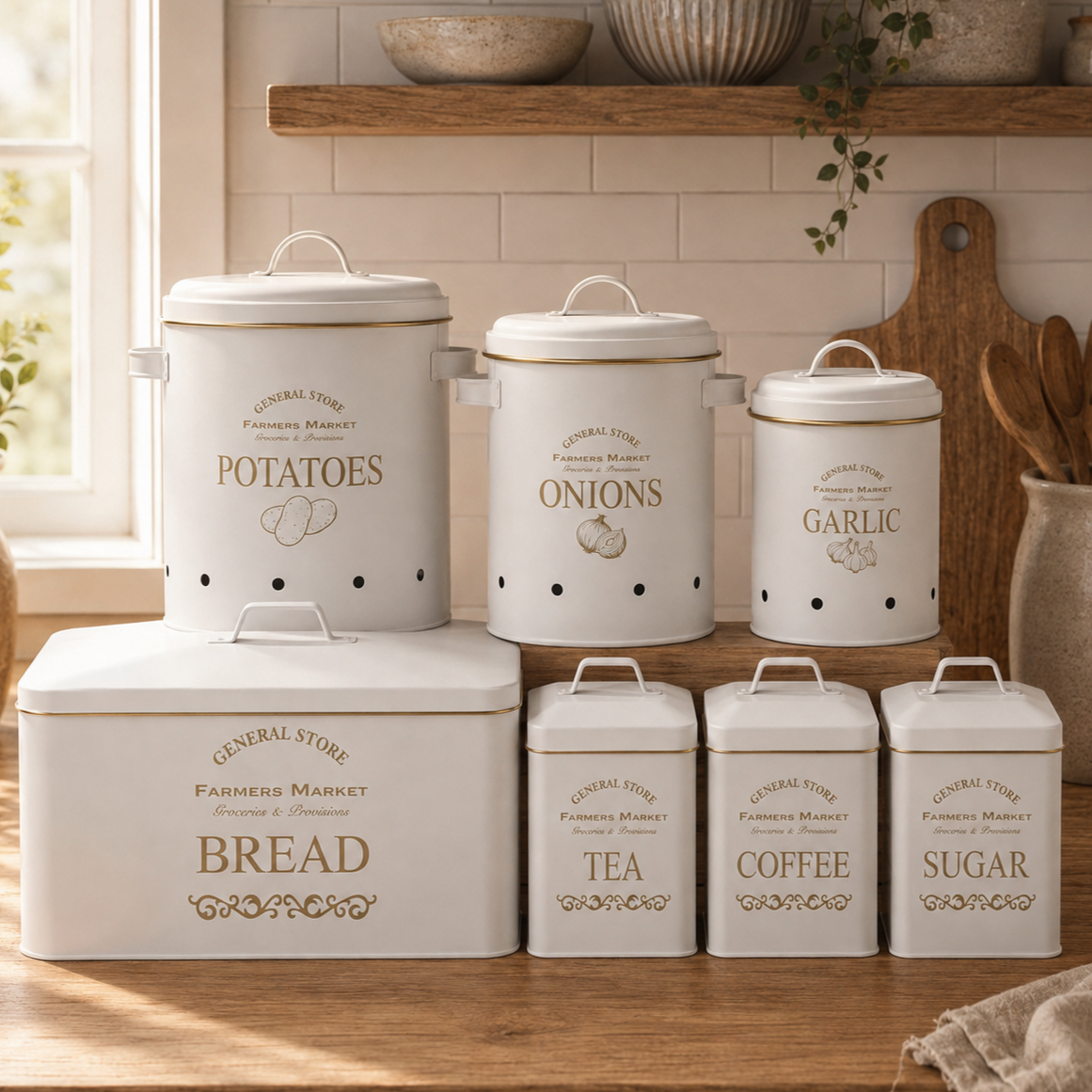7-Piece Set Canisters Bread Tea Coffee Sugar Veg Bins -General Store Farmhouse