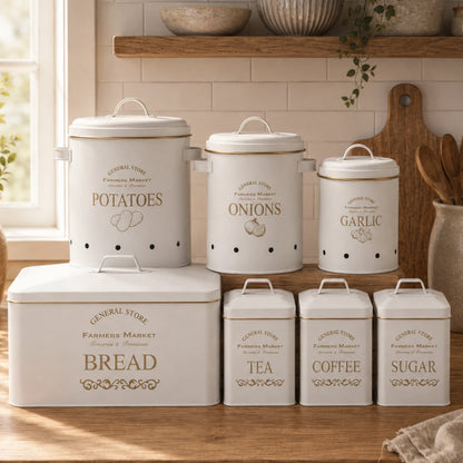 A set of white metal kitchen canisters with gold lettering, arranged on a wooden shelf and countertop in a warm, sunlit kitchen setting. The canisters are labeled for potatoes, onions, garlic, bread, tea, coffee, and sugar.