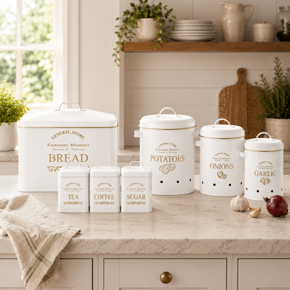 7-Piece Set Canisters Bread Tea Coffee Sugar Veg Bins -General Store Farmhouse