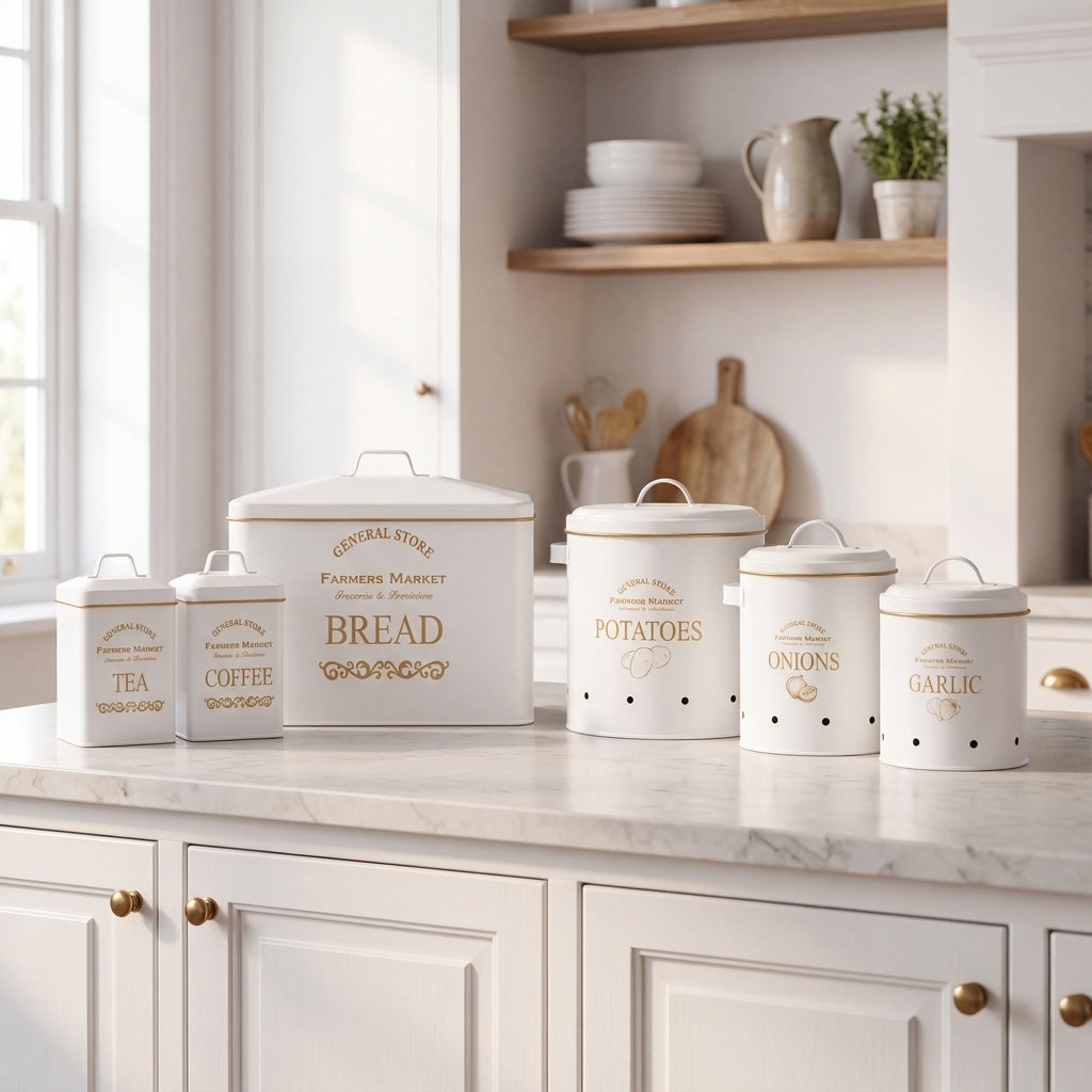 7-Piece Set Canisters Bread Tea Coffee Sugar Veg Bins -General Store Farmhouse