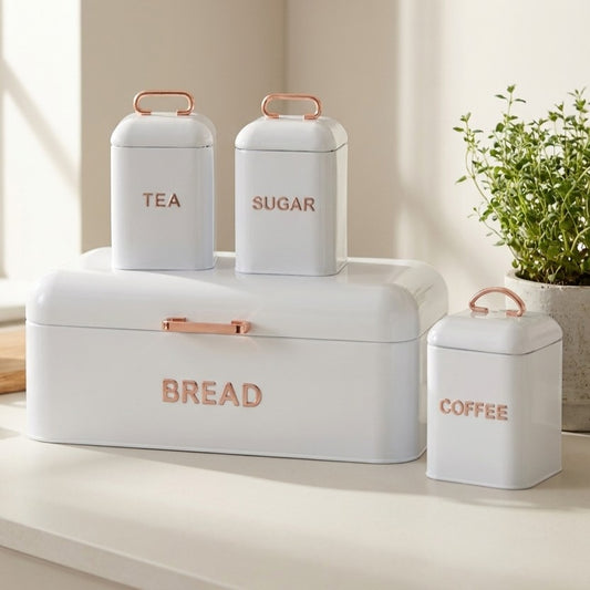 White 4 Piece Bread Bin & Canister Storage Set