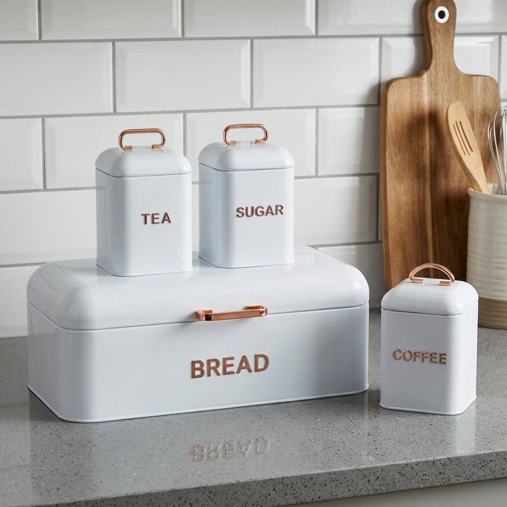 White 4 Piece Bread Bin & Canister Storage Set
