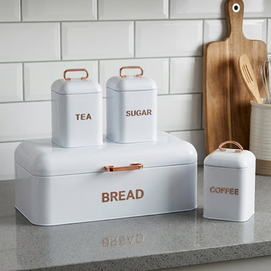 White 4 Piece Bread Bin & Canister Storage Set