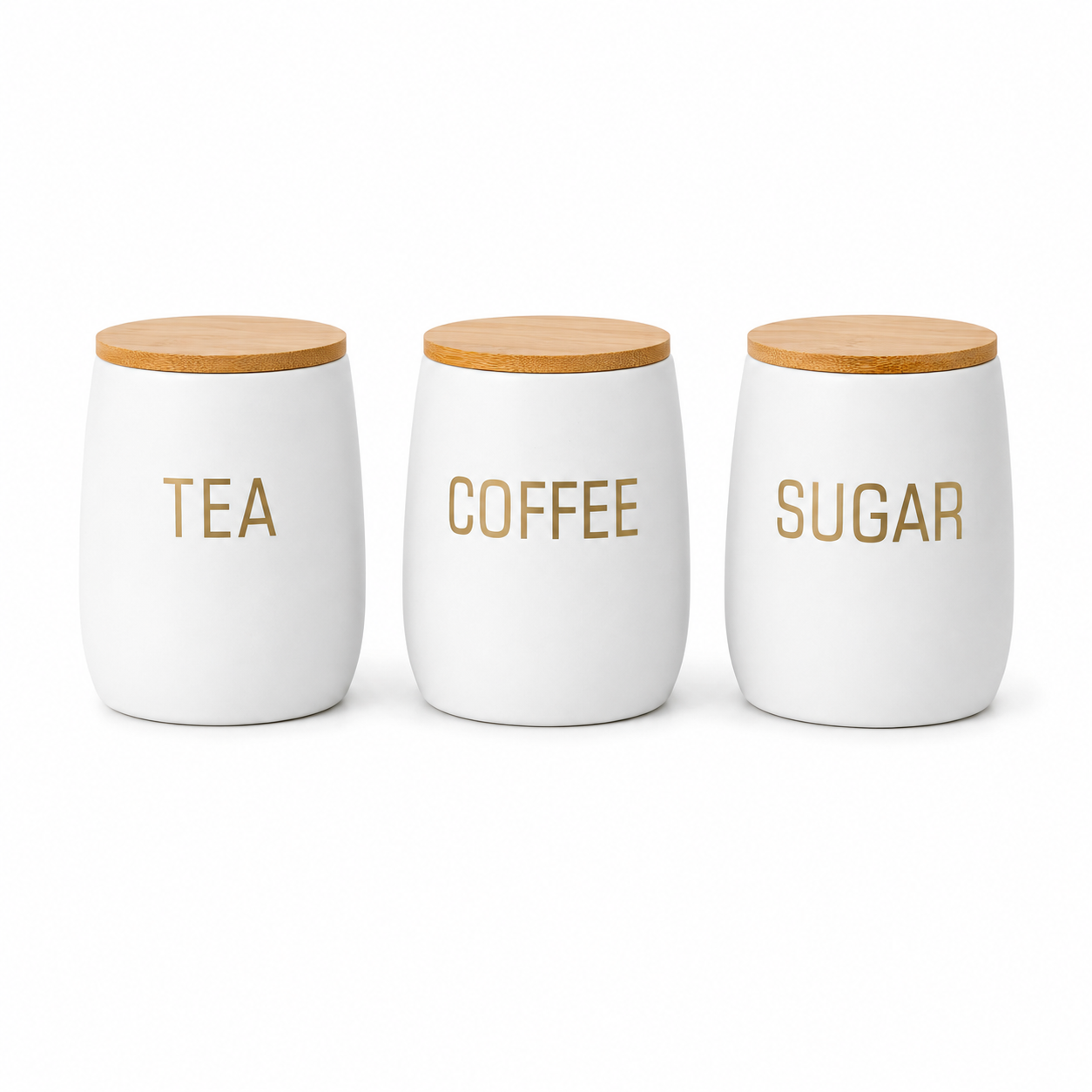 Natural Bamboo Bread Box with Matte White Tea, Coffee & Sugar Canisters