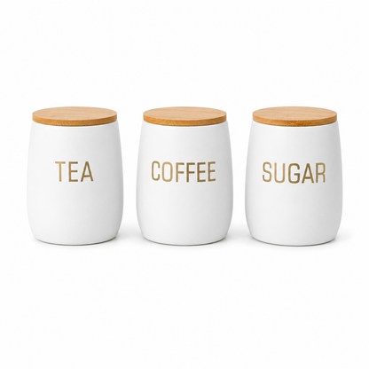 Natural Bamboo Bread Box with Matte White Tea, Coffee & Sugar Canisters