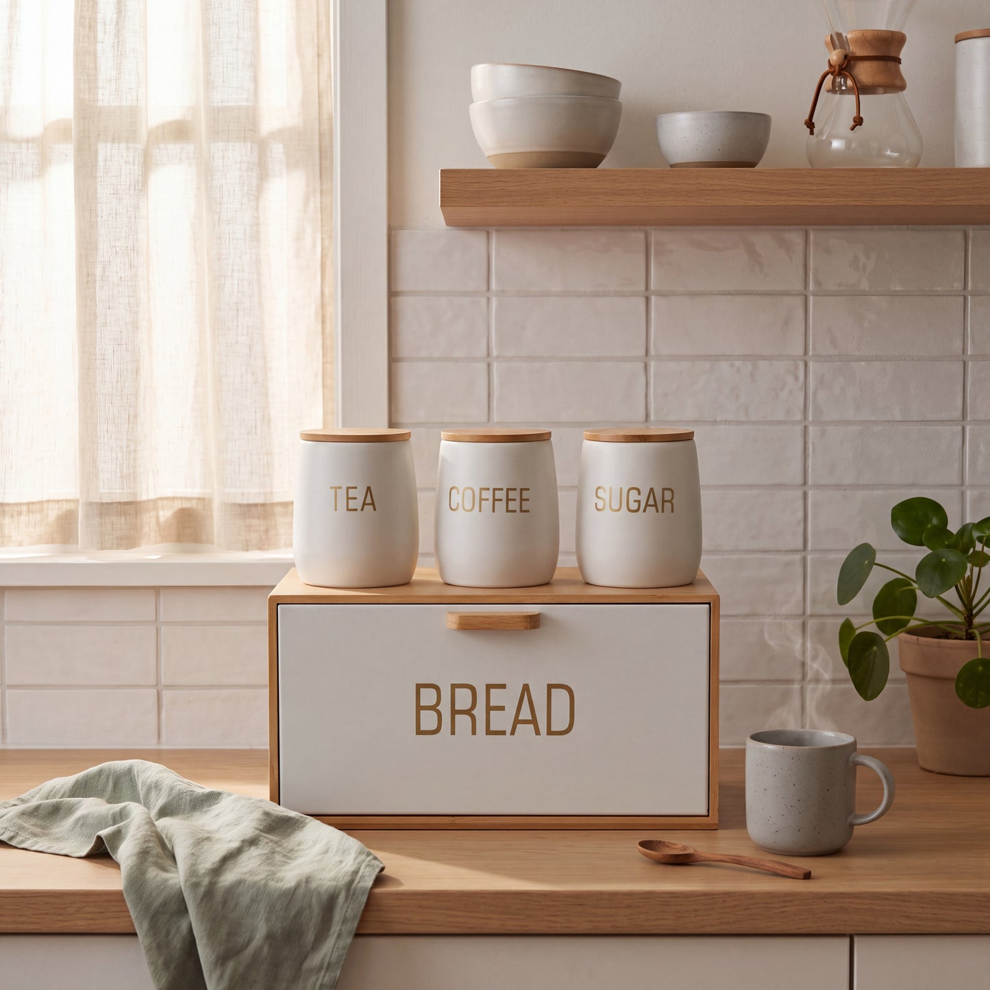 Natural Bamboo Bread Box with Matte White Tea, Coffee & Sugar Canisters