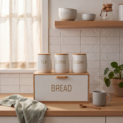 Natural Bamboo Bread Box with Matte White Tea, Coffee & Sugar Canisters