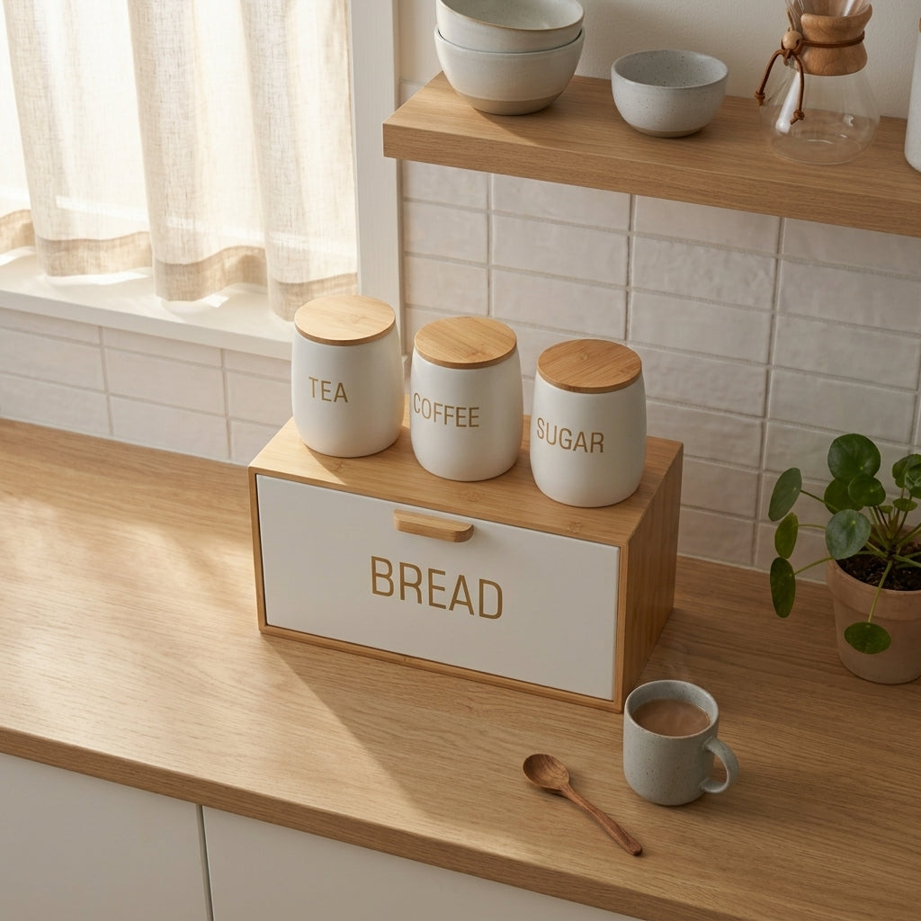 Natural Bamboo Bread Box with Matte White Tea, Coffee & Sugar Canisters