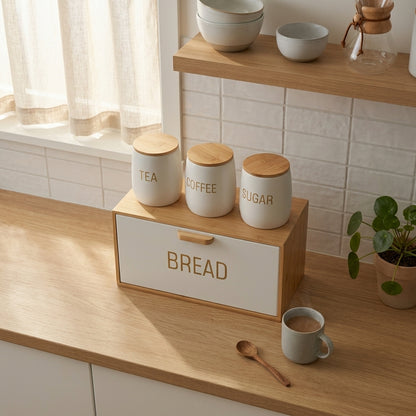 Natural Bamboo Bread Box with Matte White Tea, Coffee & Sugar Canisters