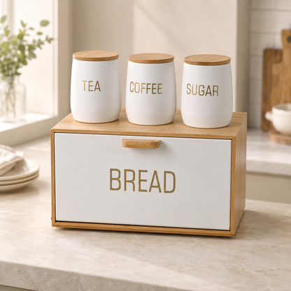Natural Bamboo Bread Box with Matte White Tea, Coffee & Sugar Canisters