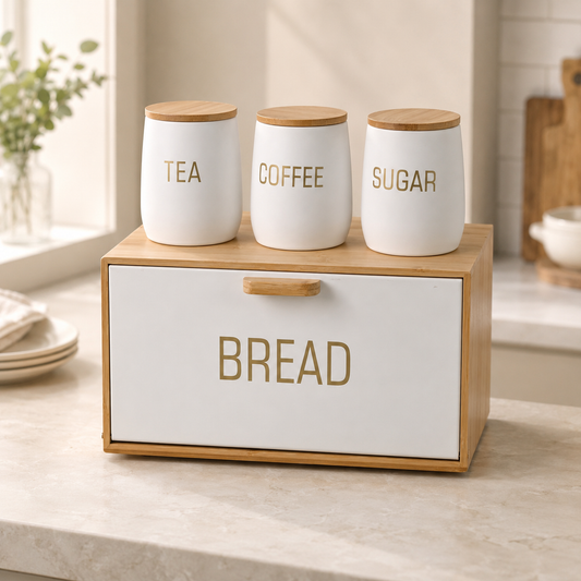 White Bamboo Metal Bread Bin & Canister Set