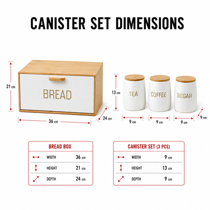 Natural Bamboo Bread Box with Matte White Tea, Coffee & Sugar Canisters