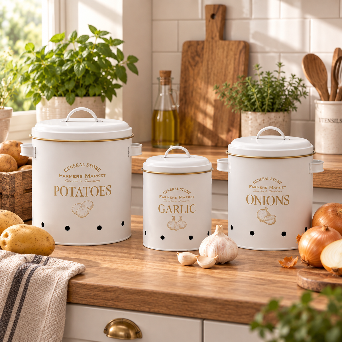 Vintage Farmhouse 3-Piece Potato, Onion & Garlic Storage Bin Set