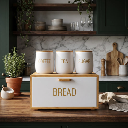 A set of ceramic canisters and a bread box in a warm cream color with light wood accents, arranged on a wooden kitchen counter. The canisters are labeled 'COFFEE', 'TEA', and 'SUGAR' in gold lettering, and the box in front is labeled 'BREAD'.