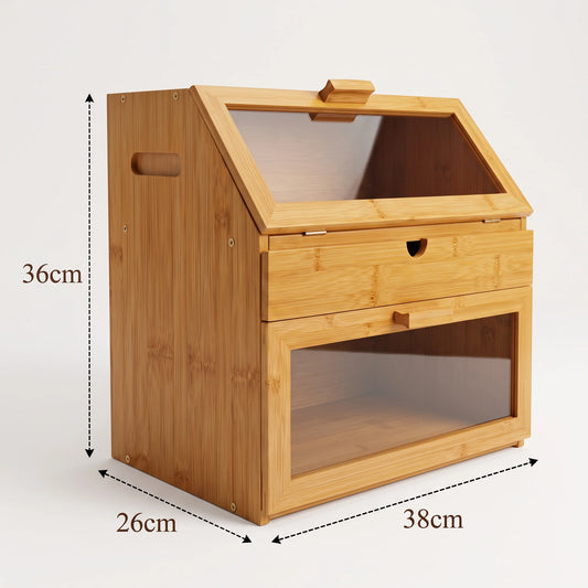 Bamboo storage cabinet with a slanted glass-top upper section, one drawer, and one lower glass-front compartment, shown with dimension labels 36cm, 26cm, and 38cm on a light gray background.