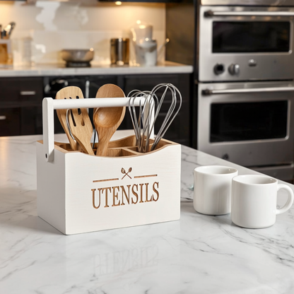 White & Bamboo Wooden Cutlery Caddy with Handle