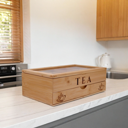 Bamboo Tea Bag Organiser with 8 Compartments and Drawer